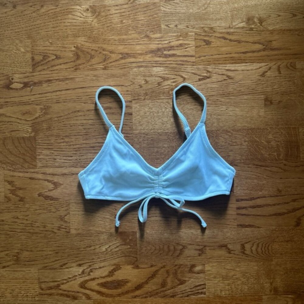 aerie v scoop ribbed white bikini swim top tie ruched cinch bow xs women french
